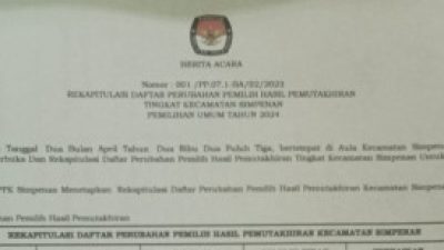 Rekapitulasi Daftar Perubahan Pemilihan Hasil Pemutakhiran Tingkat Kecamatan Simpenan untuk PEMILU 2024.